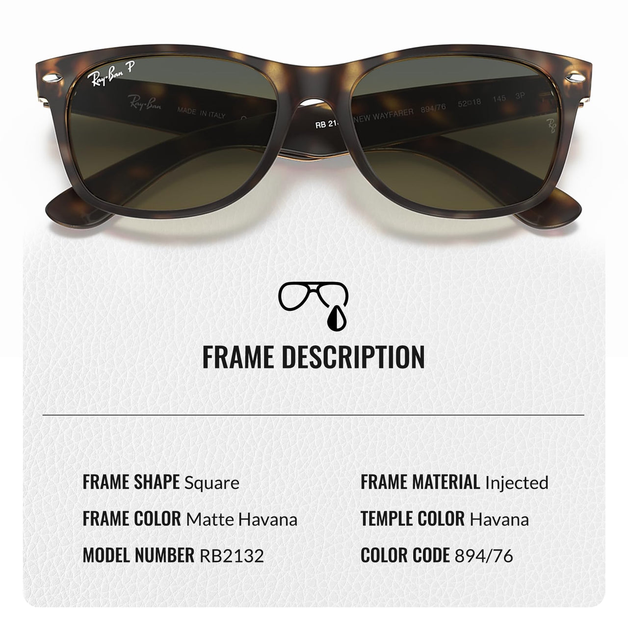 Ray-Ban RB2132 NEW WAYFARER Classic Polarized Square Shape Sunglasses With Eyewear Kit Bundle - High Bridge Fit - Casual Wear Square Sunglasses