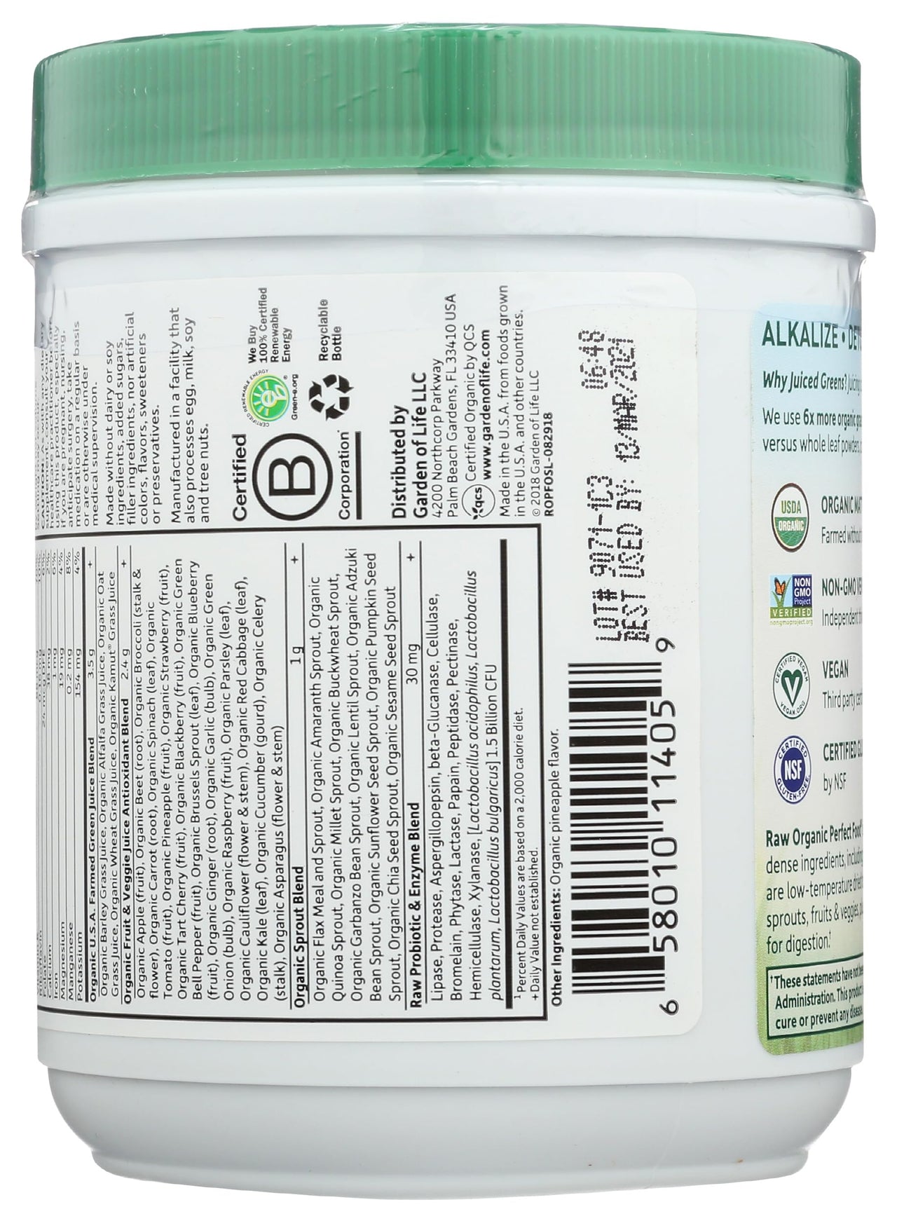 Garden of Life Raw Organic Perfect Food Green Superfood Juiced Greens Powder - Original Stevia-Free, 30 Servings, Non-GMO, Gluten Free Whole Food Dietary Supplement, Alkalize, Detoxify, Energize