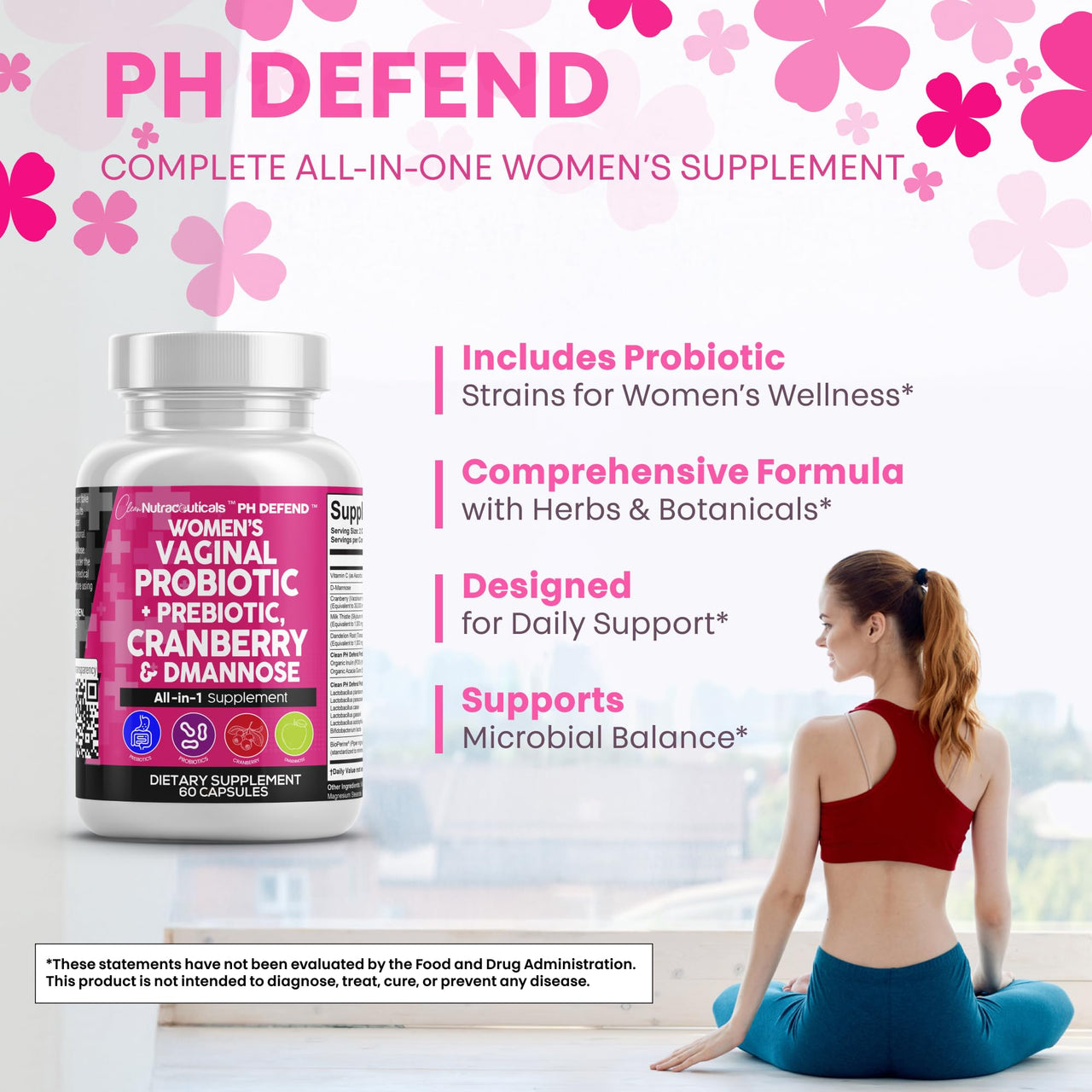 Clean Nutraceuticals Vaginal Probiotics for Women with Cranberry, D-Mannose, Prebiotics, pH Balance Support, Feminine Health, Urinary Tract Cleanse – Capsule Alternative to Gummies – 60 Count