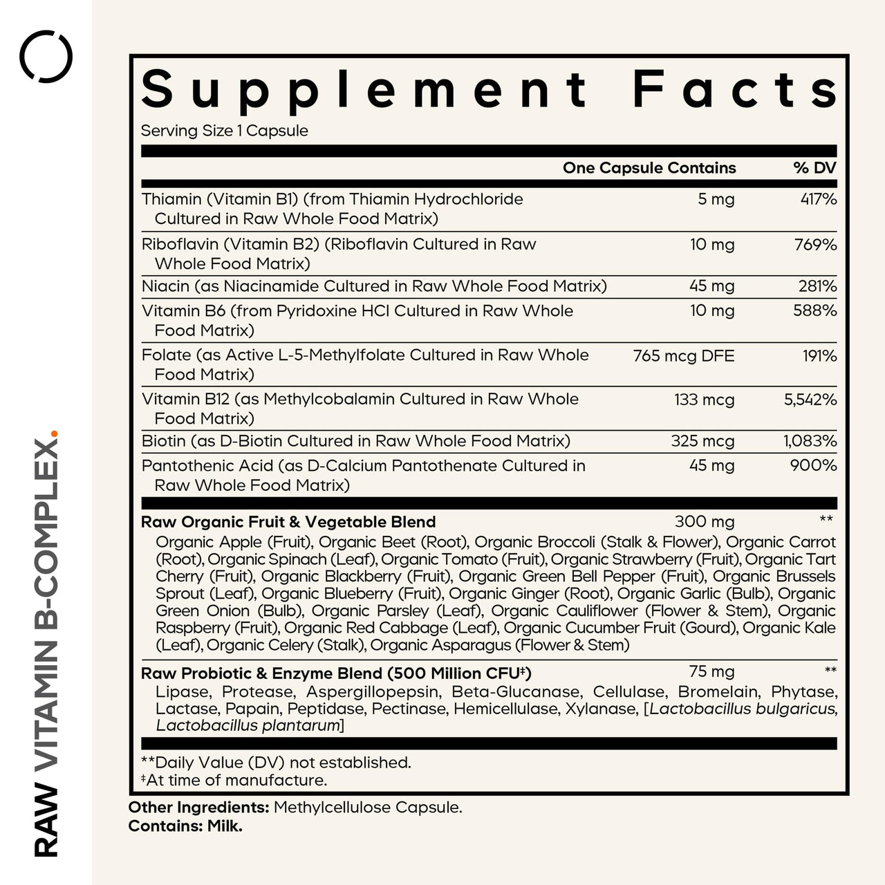 Codeage Raw Vitamin B-Complex Supplement - Essential B Vitamins with Probiotics, Digestive Enzymes, Fruits & Vegetables - 2-Month Supply - Methylfolate - Biotin - Vitamin B12 - Non-GMO - 60 Capsules