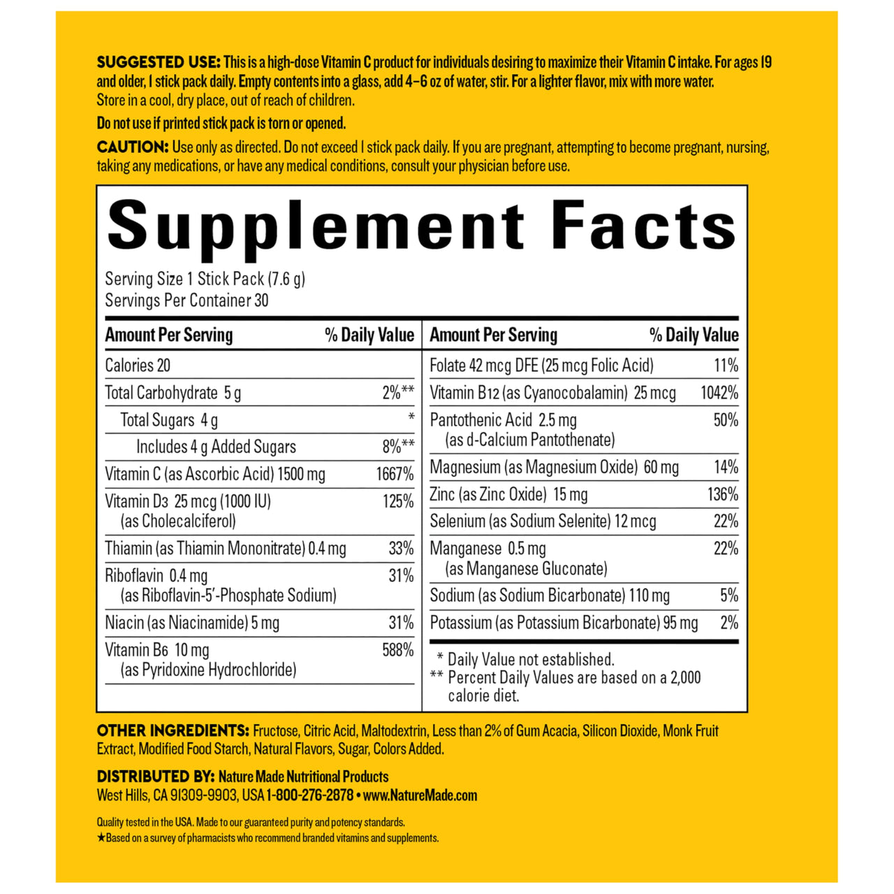 Nature Made Wellblends ImmuneMAX Fizzy Drink Mix, Vitamin C 2000mg with Zinc 20 mg, Vitamin D3 1000 IU (25 mcg), plus Seven B Vitamins and Electrolyte Hydration Blend, 30 Stick Packs