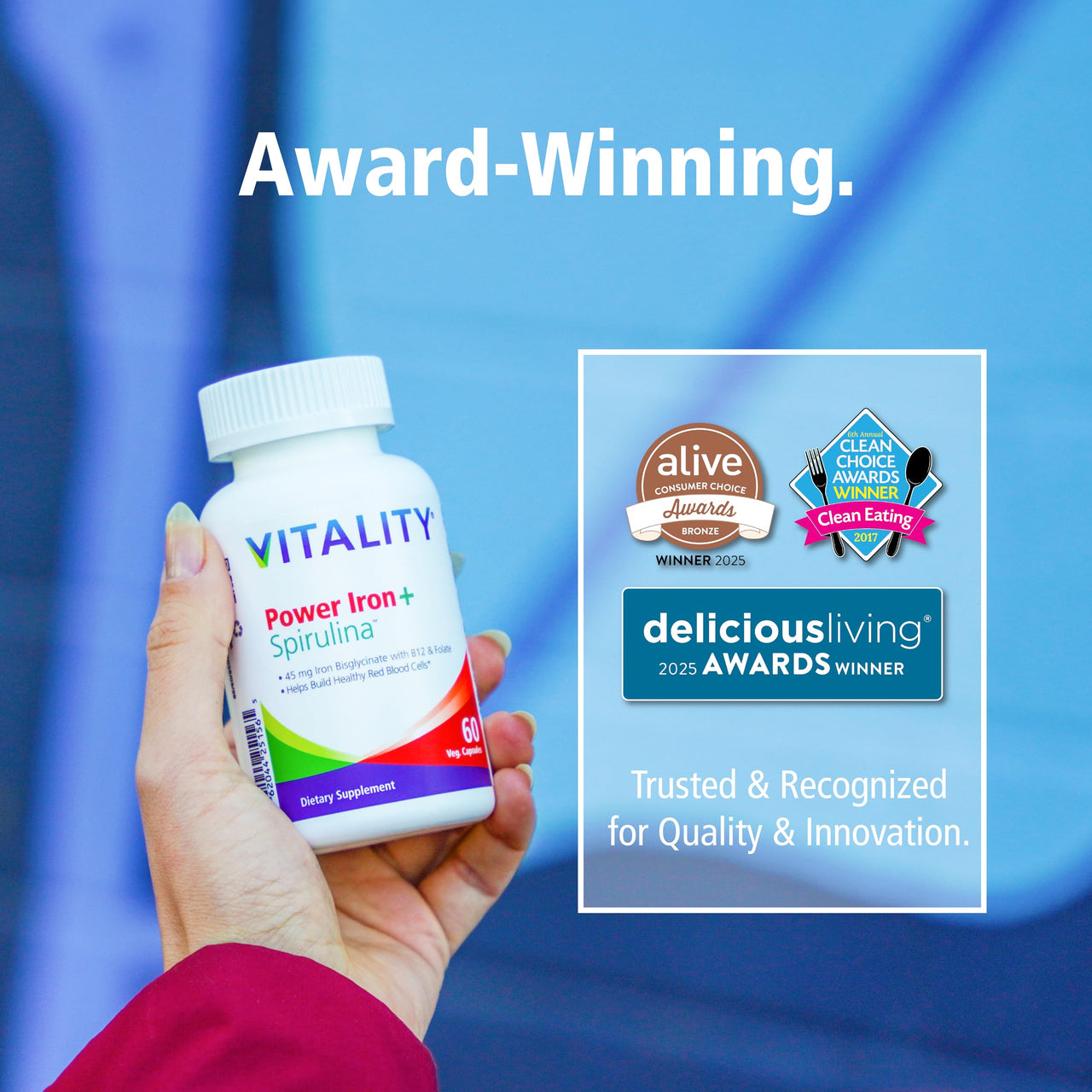 Vitality Power Iron + Spirulina | 45mg Iron | Blood Builder | Iron Deficiency Support | Vegan | All Natural Supplement | Gentle on Stomach | 30 Capsules