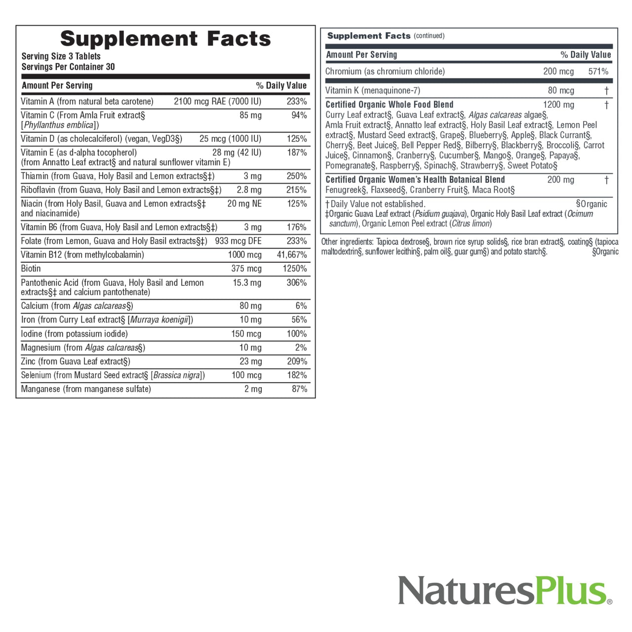 NaturesPlus Source of Life Garden Women’s Multivitamin - 90 Tablets - Supports Energy & Healthy Immune System - USDA Certified Organic, Non-GMO, Vegan, Gluten Free - 30 Servings