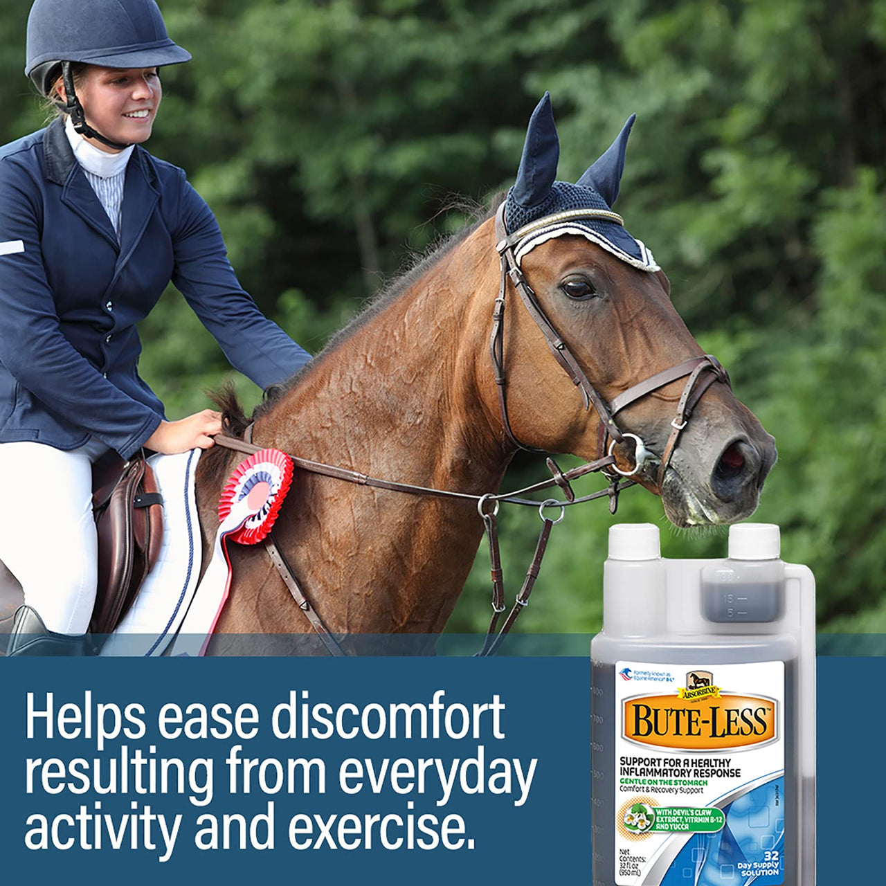 Absorbine Bute-Less Long-Term Horse Comfort & Recovery Supplement Solution, Gentle on Stomach, Devil's Claw, Vitamin B-12, Yucca, 32oz / 32 Day Supply