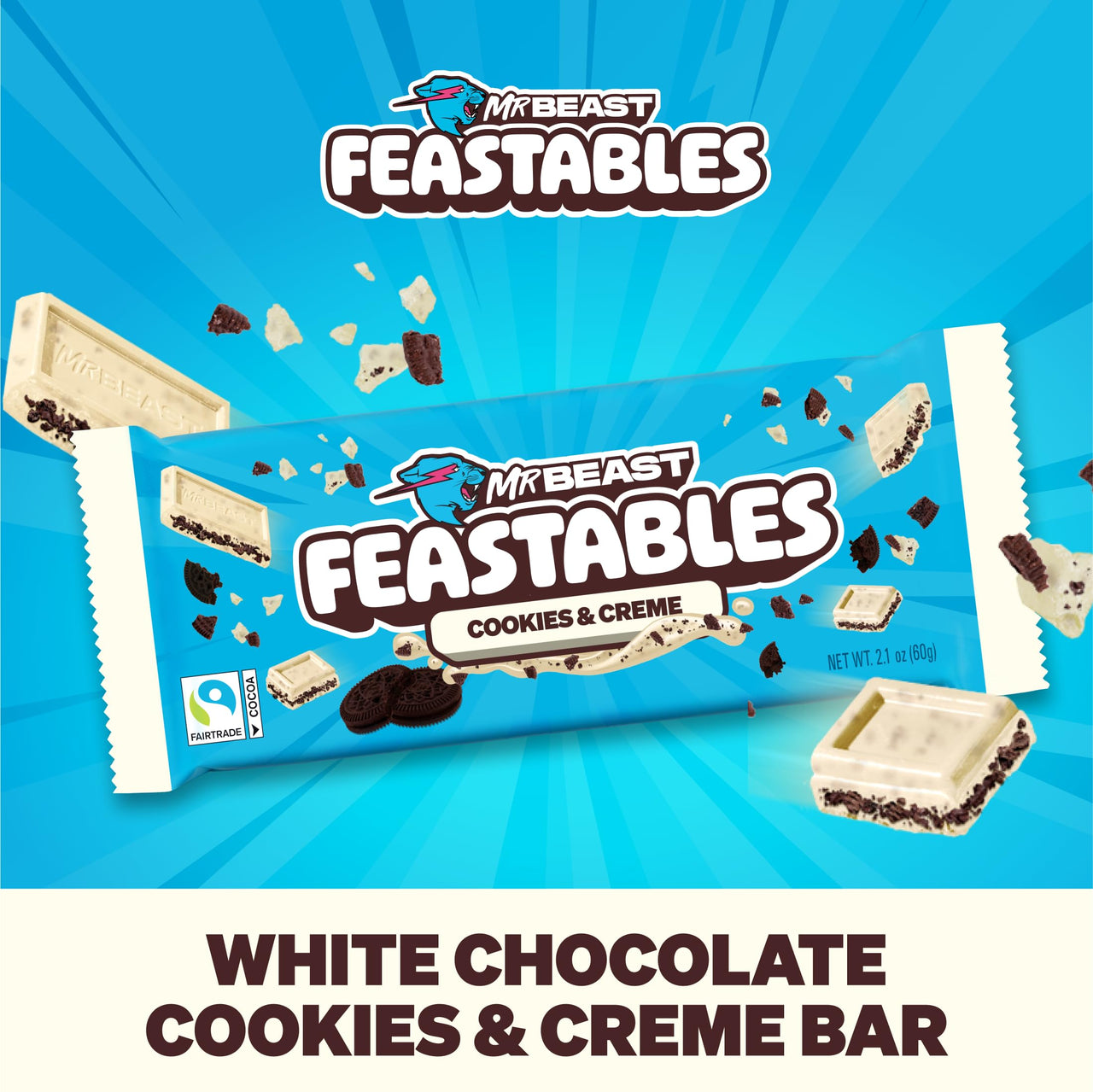 MrBeast Feastables Cookies & Creme Chocolate Bar, King Size, 10 Count, White Chocolate with Cookie Pieces, Fairtrade Cocoa, 2.1oz Each