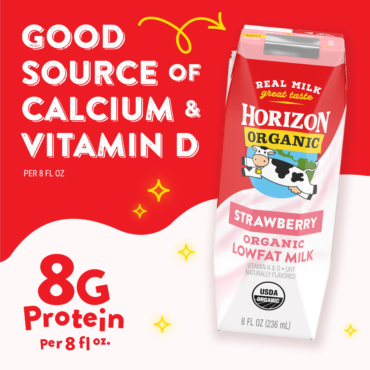 Horizon Organic Shelf Stable 1% Lowfat Strawberry Milk Boxes, 8 fl oz, 12 Count - 8g Protein per Serving, USDA Organic UHT from Pasture-Raised Cows, Ready to Drink for Lunchbox, Travel, or On-the-Go, No Refrigeration Needed