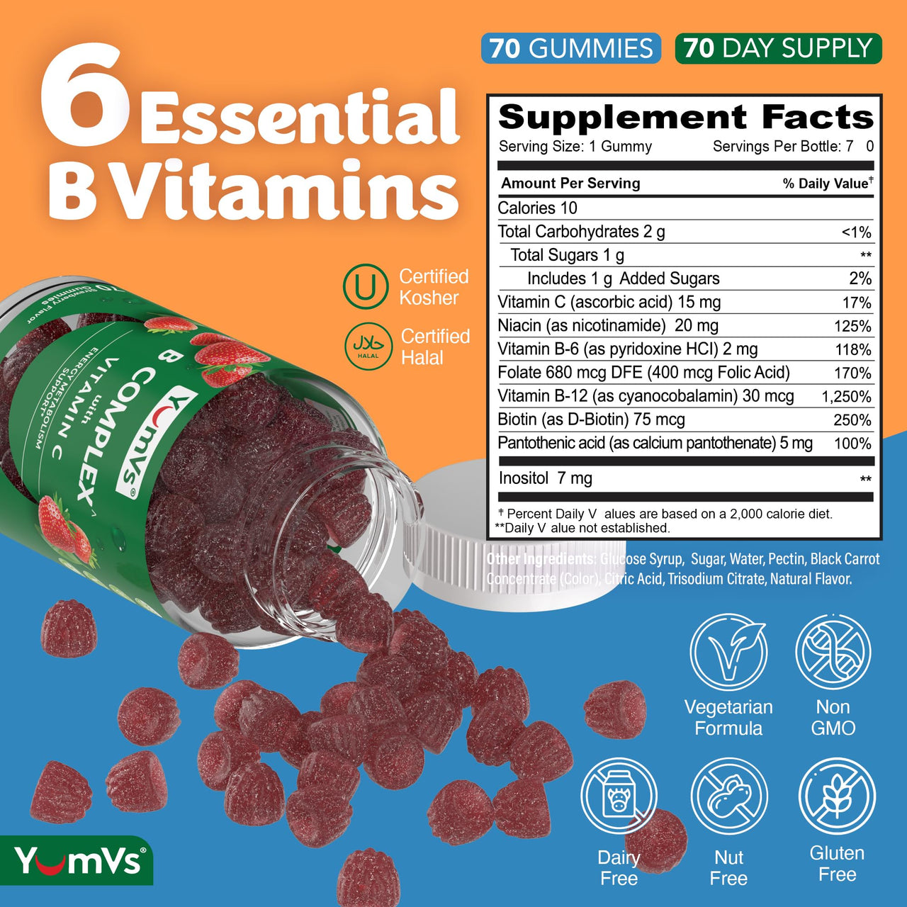 B Complex Gummies with Vitamin C â€“ Great Tasting 1 a Day Energy & Nervous System Support for Adults â€“ Vegan, Kosher, Non-GMO Vitamin B Complex Gummies with B12, B6, Niacin & Folic Acid â€“ 70 Count