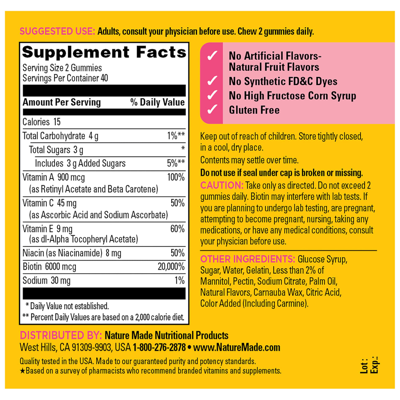 Nature Made Advanced Hair Skin and Nails Gummies, Biotin, Pro Retinol A, Niacinamide, Vitamin C & Vitamin E, 80 Gummies, 40 Day Supply