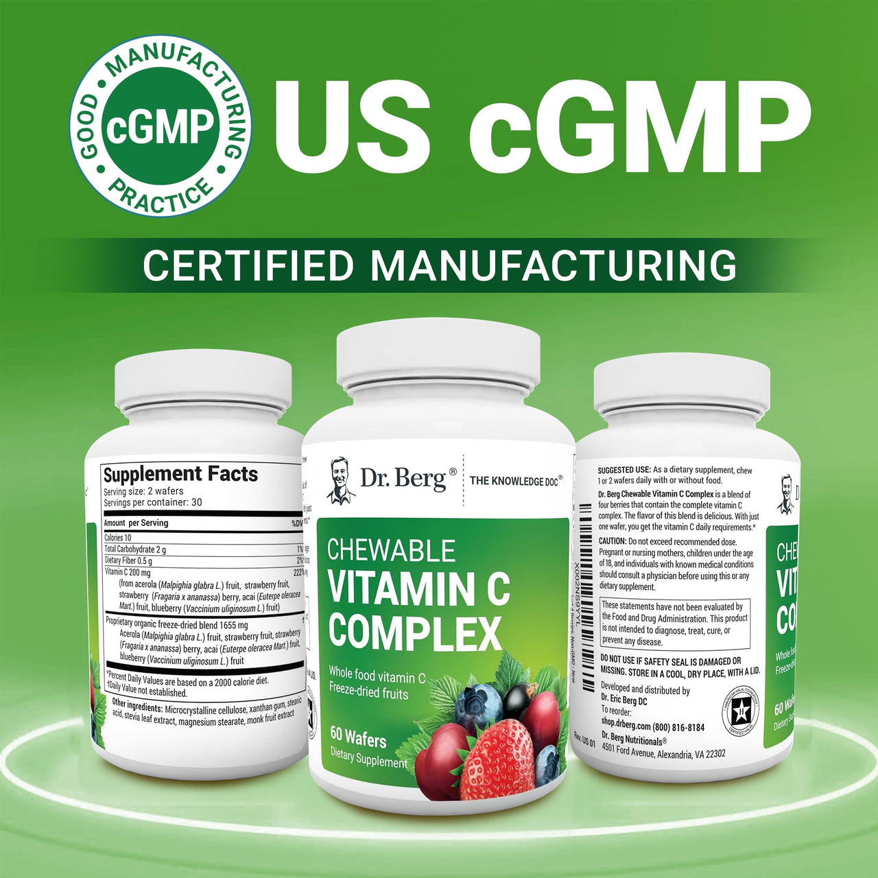 Dr. Berg Chewable Vitamin C Complex - Made with Organic, Non-GMO Berries - 60 Delicious Wafers