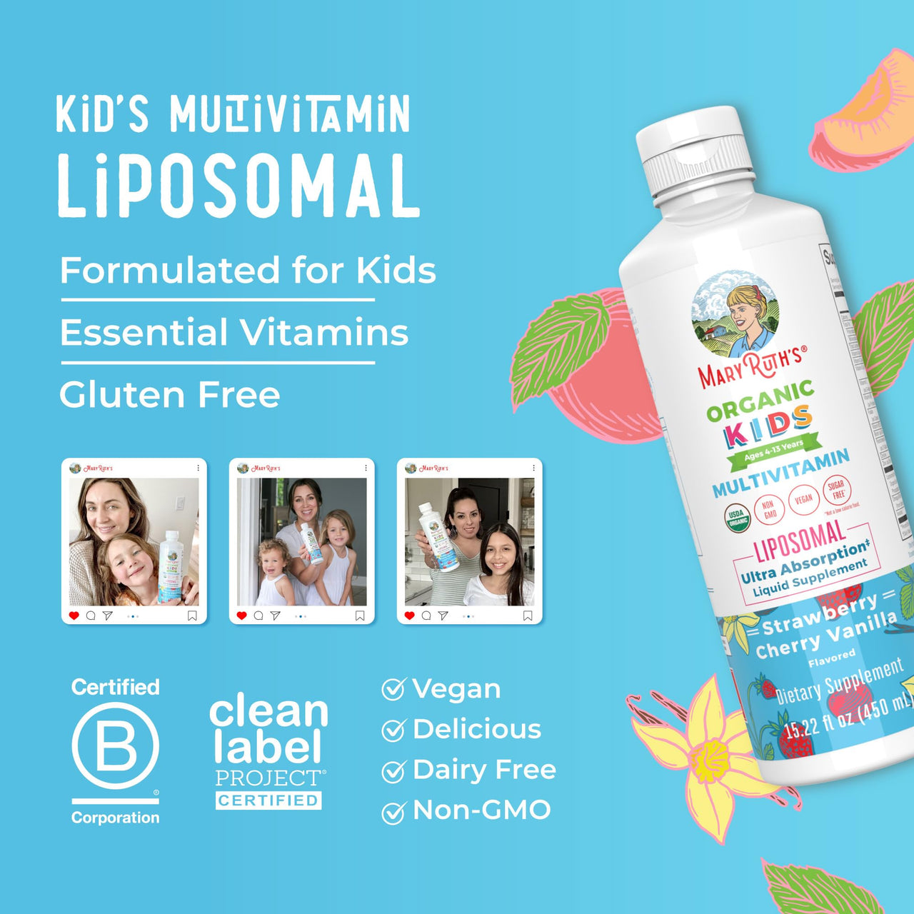 MaryRuth Organics Kids Multivitamin Liposomal | Vegan, Sugar-Free Vitamins for Kids | Ages 4+ | 2 Month Supply | 15.22 Fl Oz