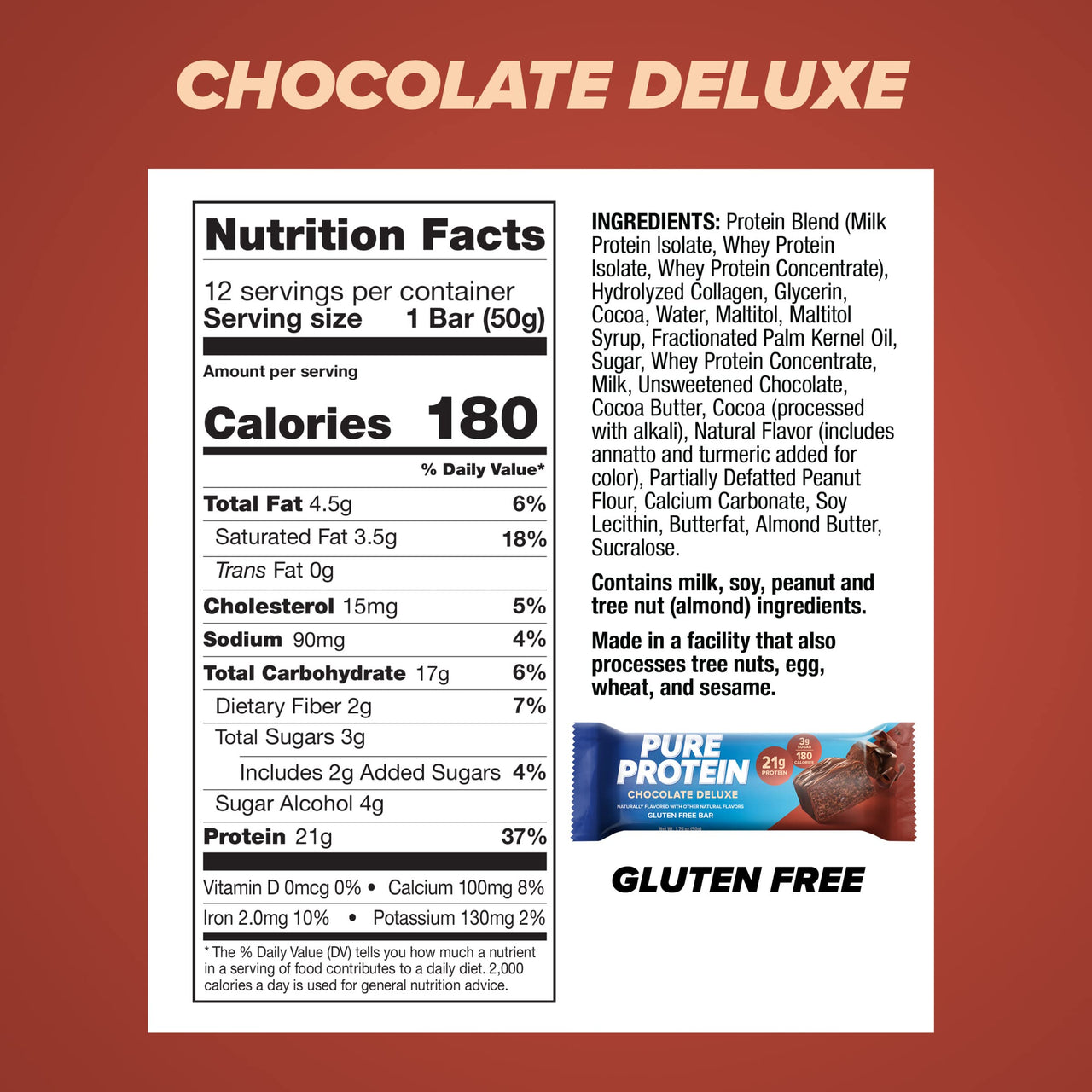 Pure Protein Chocolate Deluxe Protein Bars – 21g Protein, 3g Sugar, 190 Calories (12 count) Low Sugar* High Protein Snack - Gluten Free - Perfect for a Healthy Snack