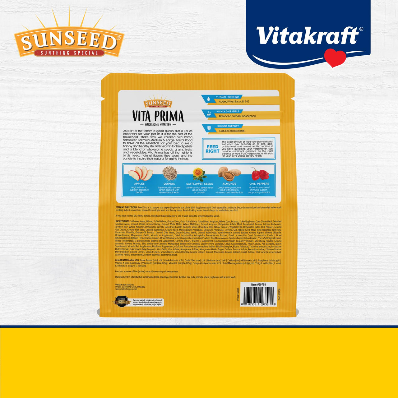 Vitakraft Sunseed Vita Prima Safflower Formula Parrot Food for Medium and Large Birds 4 lb. Bag with Seeds Grains Fruits and Veggies for Wholesome Daily Nutrition Your Parrot is Family