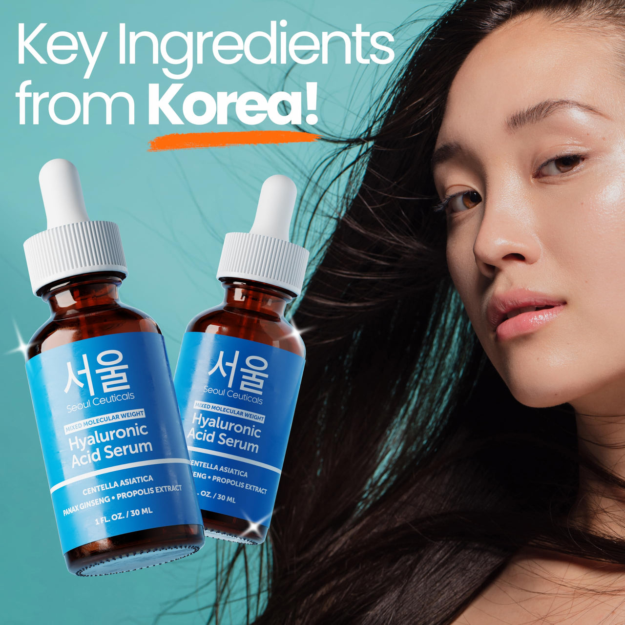 SeoulCeuticals Korean Hyaluronic Acid Serum For Face - High Molecular Weight & Low Molecular Weight Hyaluronic Acid - Centella Serum + Propolis. 1oz