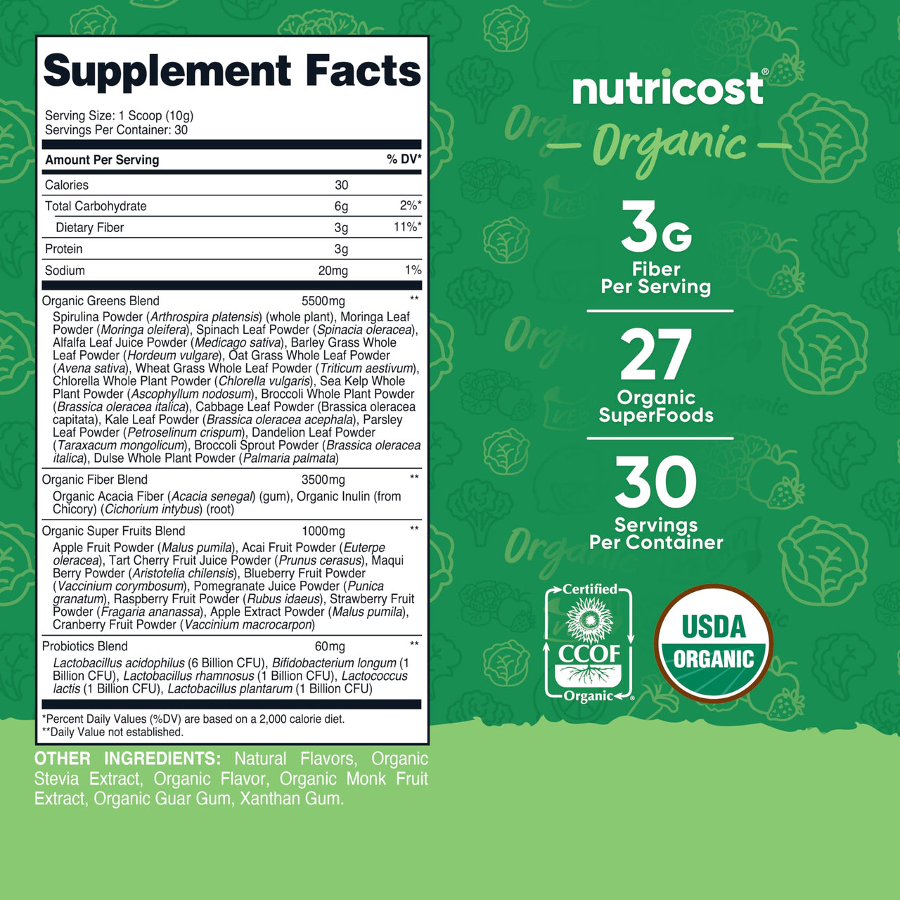 Nutricost Organic Super Greens Powder (30 Servings) - Superfood Supplement Drink Mix (30 Servings, No Flavor Added)