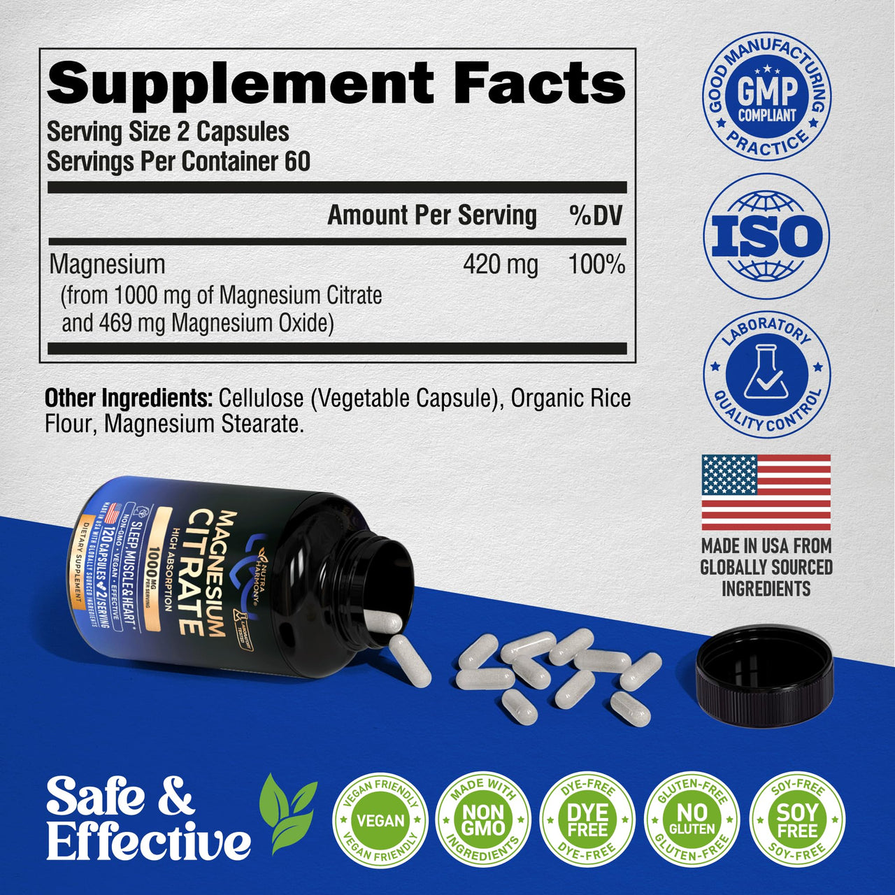 Magnesium Citrate Capsules 1000mg | High Absorption Supplement - Sleep, Muscle & Heart Support - Vegan | Non-GMO - Made in USA - As Powder | Pills | Tablets - 120 Capsules, 2 Month Supply