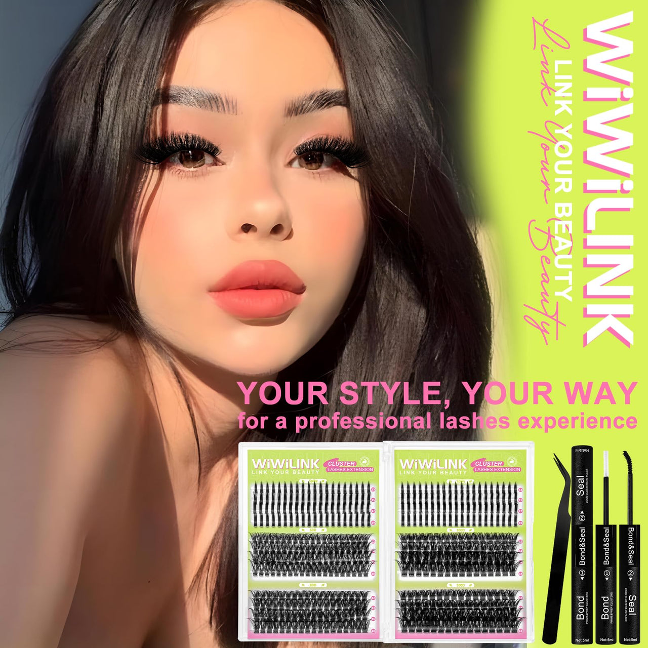 Lash Clusters Kit with Spikes Lashes Clusters Wispy 60D+80D+100D+200D Manga Eyelash Clusters D Curl 456PCS Cluster Eyelash Extensions Volume 12-18mm Individual Anime Lashes Kit Bond&Seal by WiWiLINK