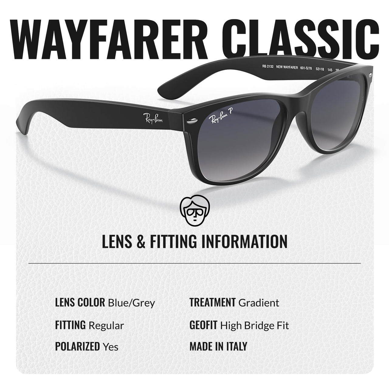 Ray-Ban RB2132 NEW WAYFARER CLASSIC POLARIZED Square Shaped Sunglasses for Men & Women – Includes Official Rayban Eyewear Kit – Ideal Formal & Casual Wear Sunglasses – Blue/Grey Lens