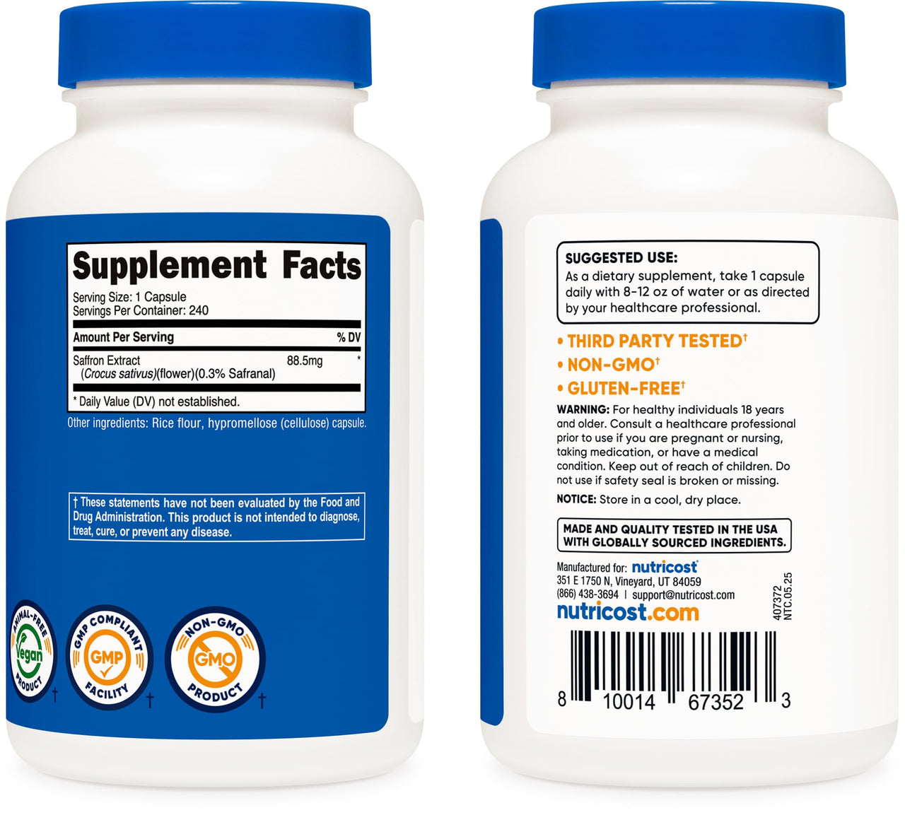 Nutricost Saffron Extract 88.5mg, 240 Capsules - Veggie Caps, Non-GMO, Gluten Free