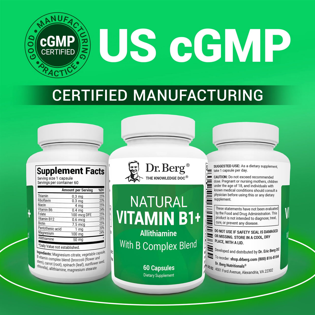Dr. Berg Natural Vitamin B1 B6 B12 Complex - Allithiamine Vitamin B1 Supplement with 8 Essential Vitamin B Complex for Men & Women Including Thiamin, Niacin, Folate, Magnesium & More - 60 Capsules