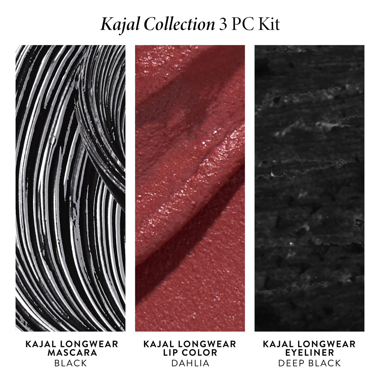 LAURA GELLER NEW YORK The Kajal Collection 3pc Makeup Set (02 Black Mascara, Deep Black Eyeliner, Dahlia Lip Color)