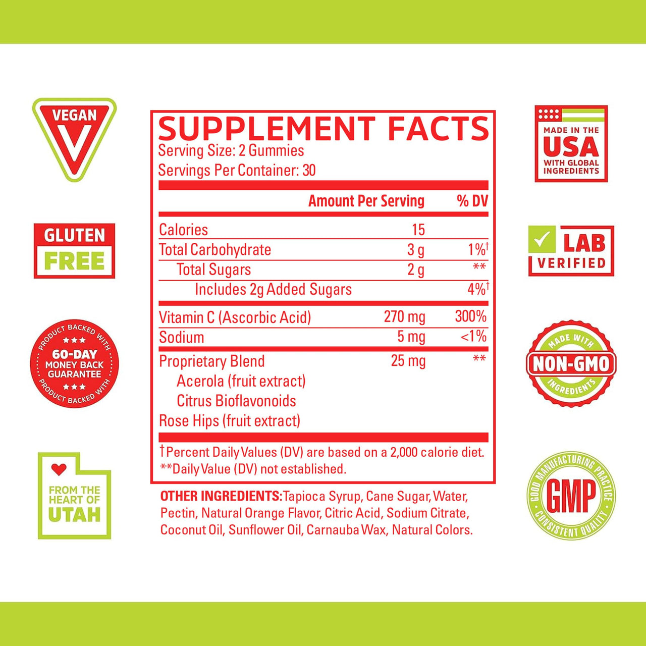Zhou Vitamin C+ Gummies - Vitamin C Gummies for Adults and Kids, 270 mg per Gummy with Bioflavinoids and Acerola for Immune Support - 60 Vegan Gummies