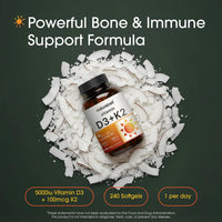 Thumbnail for NatureBell Vitamin D3 K2-240 Softgels - 5,000 IU Vitamin D3 & 100mcg Vitamin K2 MK-7 - with Virgin Coconut Oil - Bone, Heart & Immune Health Support* - Duo-Ack Formula
