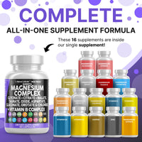 Thumbnail for Clean Nutraceuticals Magnesium Complex with Magnesium Glycinate Citrate Malate Oxide Taurate Aspartate Orotate & Mag Chloride, Zinc Copper Manganese & Vitamin C B1 B2 B6 B12 Complex - 1Pack