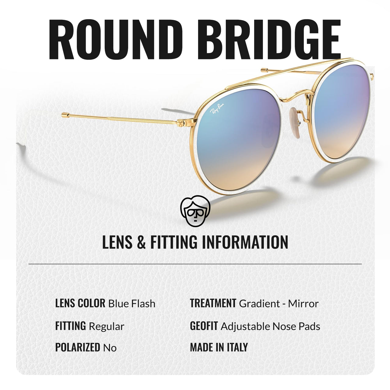 Ray-Ban RB3647N ROUND DOUBLE BRIDGE Round Shaped Non-Polarized Sunglasses for Men & Women – Includes Official RAYBAN Eyewear Kit – Ideal Formal & Casual Wear Sunglasses – Blue Flash Lens