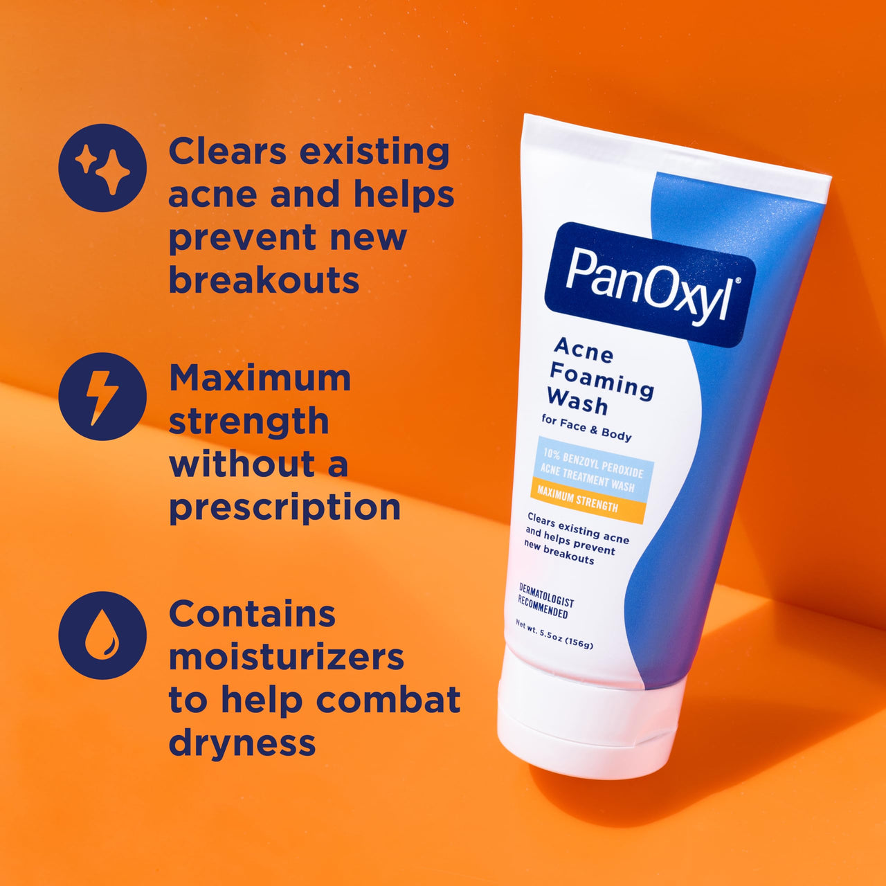 PanOxyl 10% Benzoyl Peroxide Acne Foaming Wash, Maximum Strength, Daily Acne-Fighting Face & Body Cleanser, Face Wash to Clear, Treat and Prevent Acne Pimples and Stubborn Breakouts, 5.5 Oz, Pack of 2