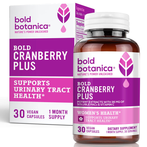 Bold Cranberry Plus Extract - 100% Soluble 36mg PACs - Cranberry Supplement for Women & Men with Urinary Tract Support, Non-GMO Vitamin C â€” 1 Caps = 1 Glass Juice â€” 30 Vegan Capsules, 1 Month Supply