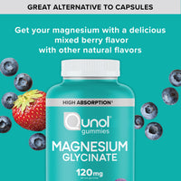 Thumbnail for Qunol Magnesium Glycinate Gummies, 120mg of Magnesium Glycinate, High Absorption, Mixed Berry, 90 Count (Pack of 1)