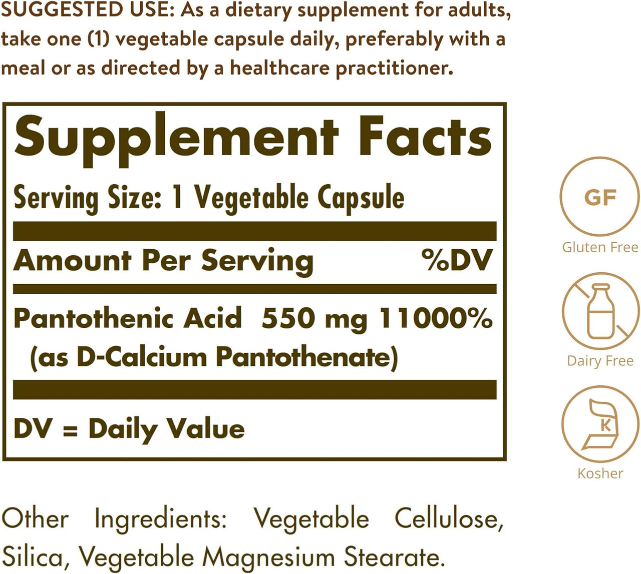 Solgar Pantothenic Acid 550 mg Vegetable Capsules