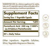 Thumbnail for Solgar Pantothenic Acid 550 mg Vegetable Capsules Vitamin B5 Energy Metabolism Nervous System Support Gluten Free Dairy Free Kosher Servings, Standard Packaging, 100 Count