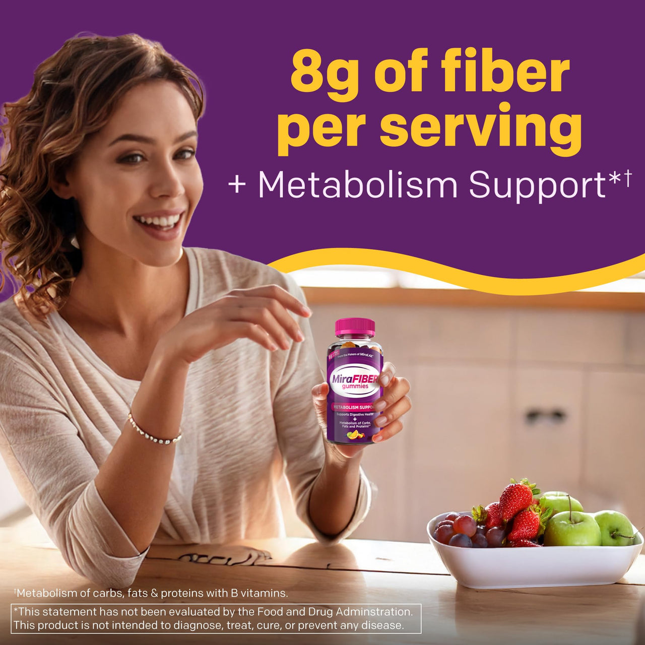MiraFIBER Gummies from The Makers of MiraLAX, 8g of Daily Fiber Per Serving, Metabolism Support with B Vitamins, Gut Health for Men & Women, Prebiotic Fiber Gummies for Adults, Mixed Fruit Flavor 72Ct