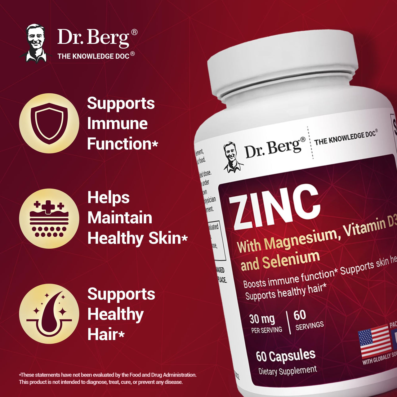 Dr. Berg Zinc 30mg Enhanced with Magnesium, Vitamin D3, Selenium, & Copper - Zinc Supplements for Men & Women - Chelated Zinc for Immune, Skin, Hair, & Nails Support* - 60 Capsules