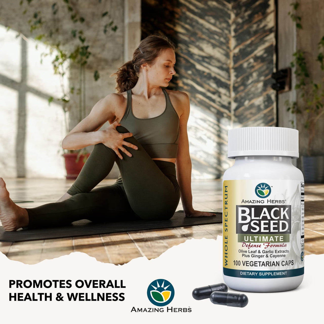 Amazing Herbs Whole Spectrum Black Seed Ultimate, Vegetarian Capsules - Olive Leaf & Garlic Extracts Plus Ginger & Cayenne, Gluten Free, Non GMO, Vegan - 100 Count