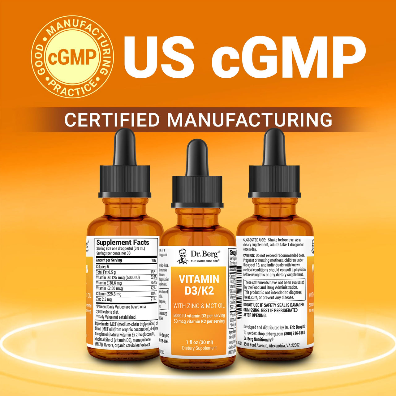 Dr. Berg Liquid Vitamin D3 & K2 Supplement with Zinc - for Bone, Teeth, Mood & Immune Health* - Vitamin D3 & K2 Drops for Adults - 1 fl oz