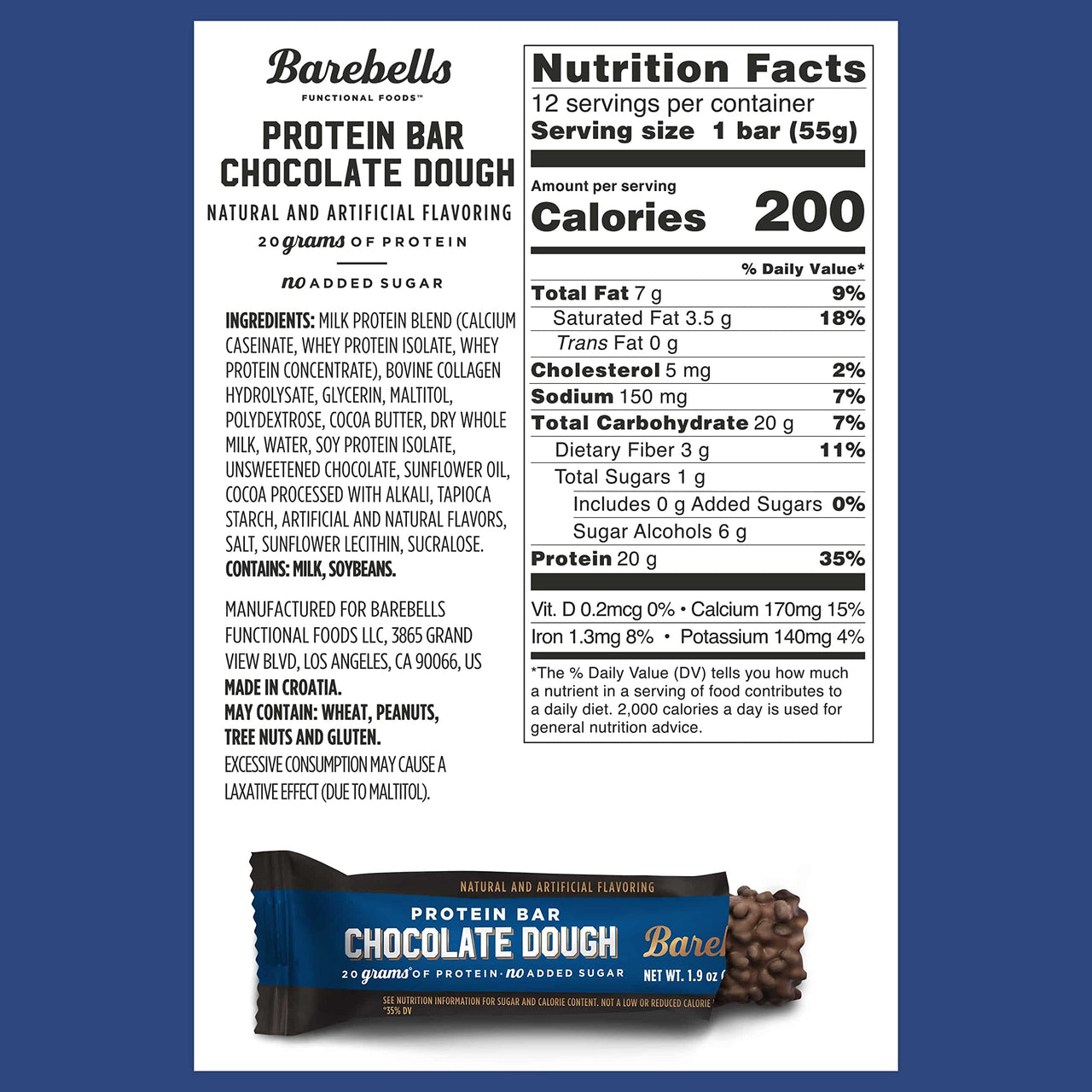 Barebells Protein Bars Chocolate Dough - 12 Count, 20g High Protein Treats - Chocolate Nutrition Bar with 1g Total Sugars - On-The-Go Breakfast or Post-Workout Snack