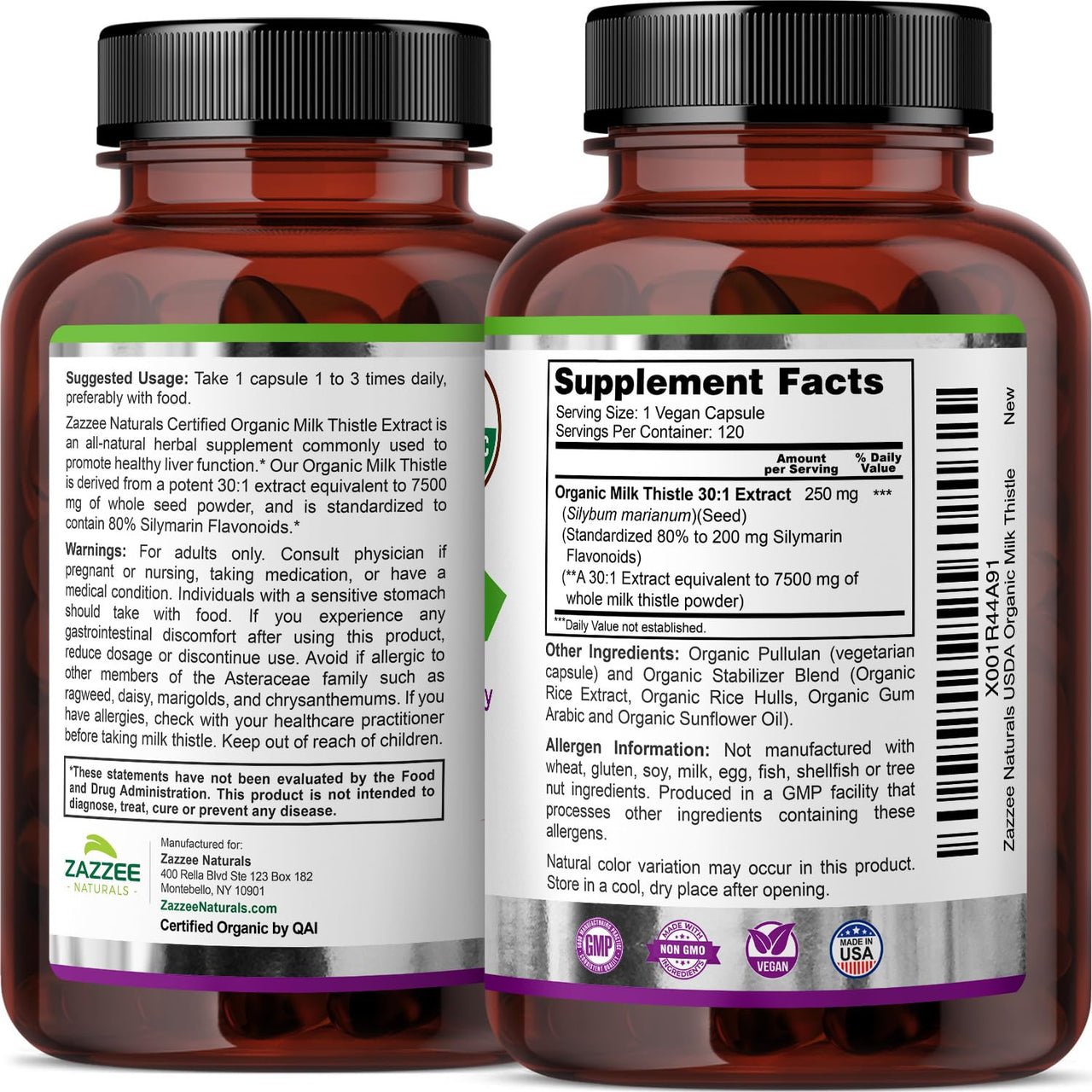Zazzee USDA Organic Milk Thistle Extract 30:1, 80% Silymarin, 7500 mg Equivalent, 120 Vegan Capsules, Certified Kosher, High Potency Liver Support Supplement, Antioxidant Support, Non-GMO, Made in USA