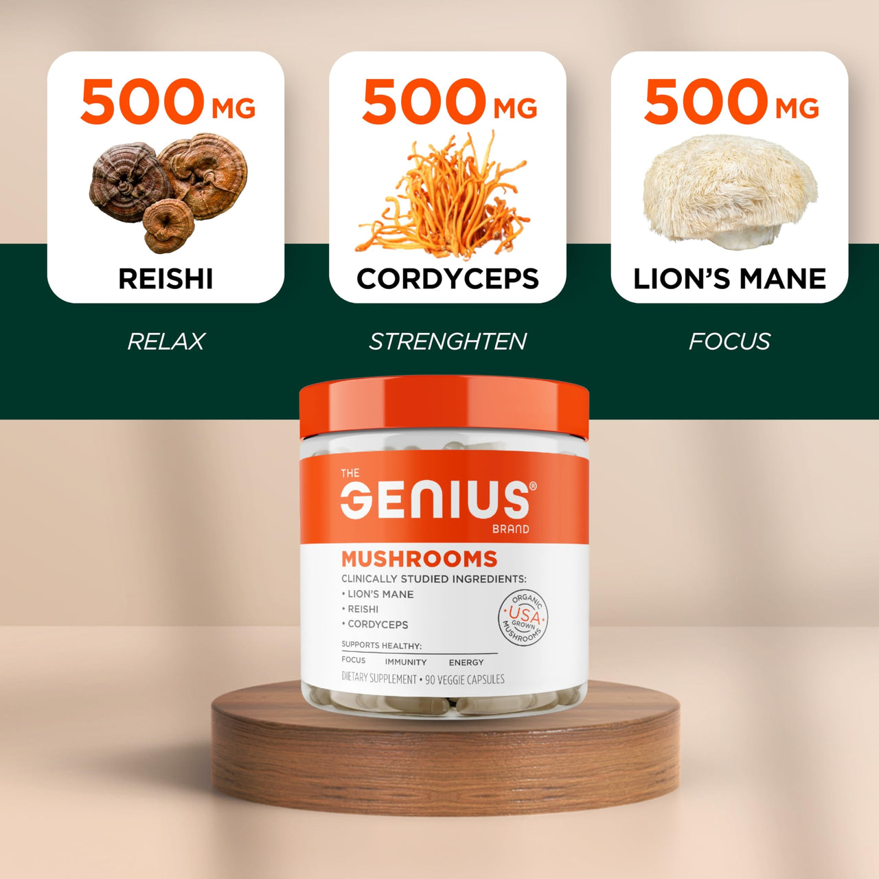 Genius Mushroom Supplement - Full-Spectrum Lion’s Mane, Cordyceps, Reishi -Daily Brain Nootropic for Energy, Focus, Memory & Overall Wellness - 180 Capsules – Organic for Mental Clarity & Performance