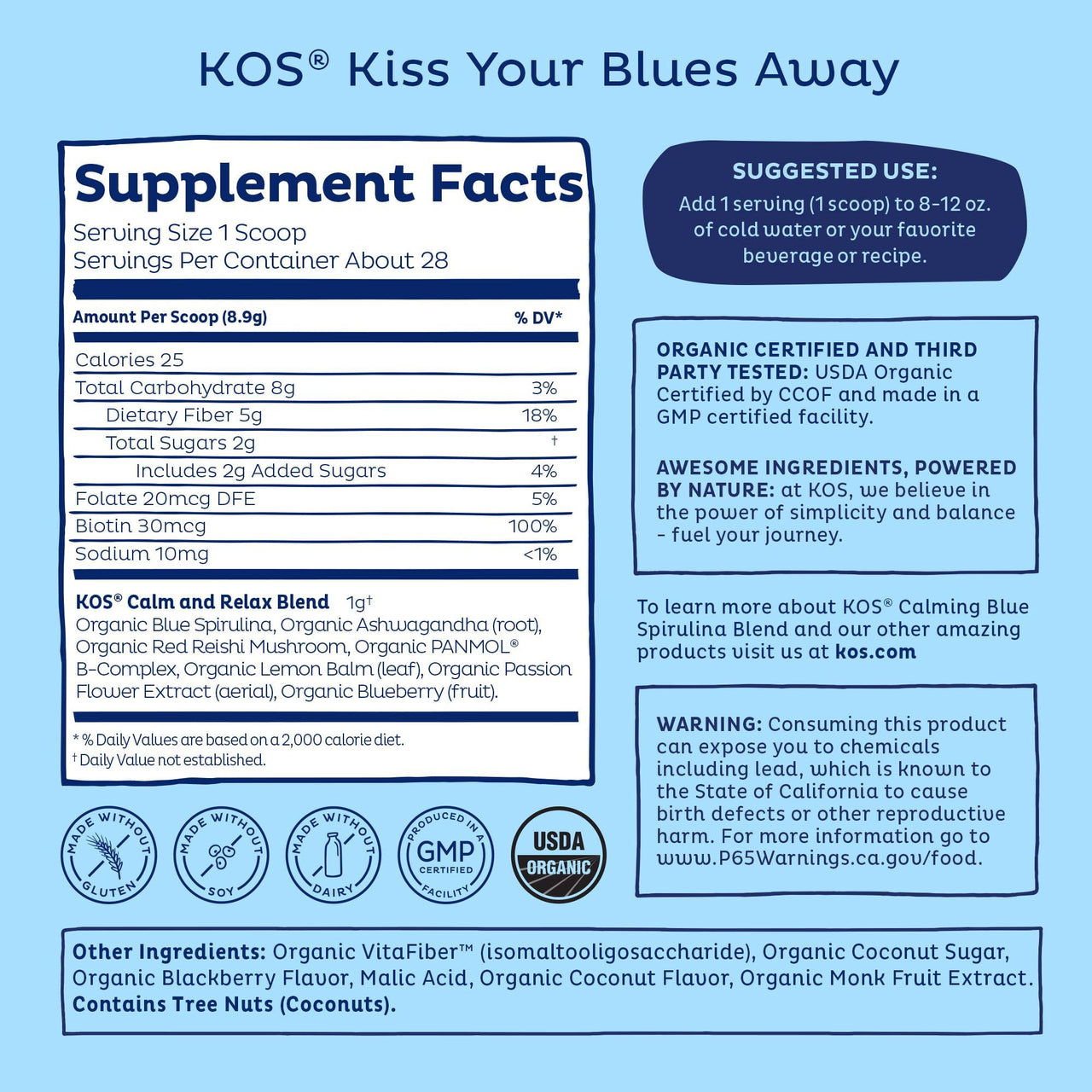 KOS Calming Blue Spirulina Blend- USDA Certified Organic - Algae Superfood Powder with Ashwagandha Root, Lemon Balm, Reishi Mushroom, B Vitamins - Berry Coconut Cooler Flavor, 28 Servings