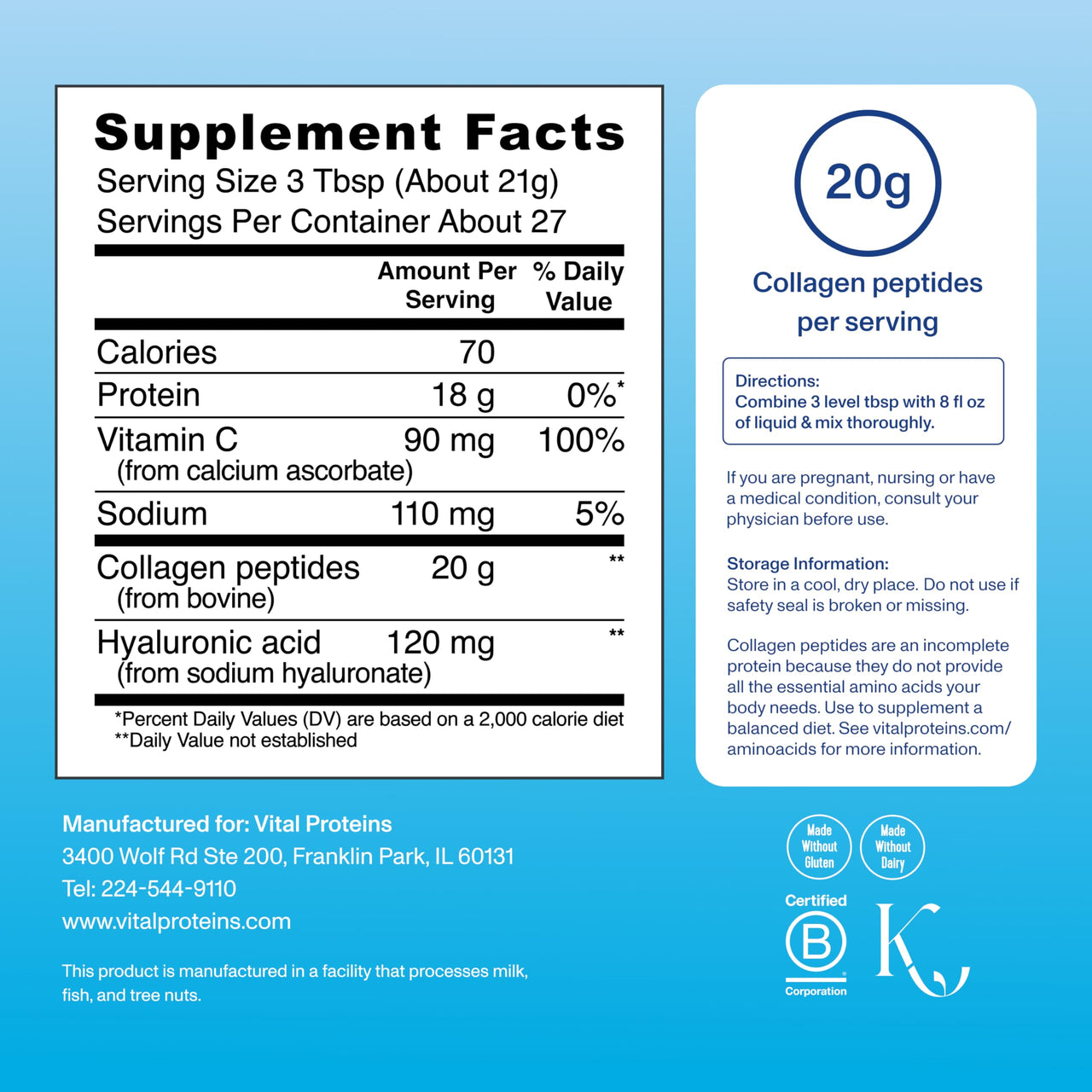Vital Proteins Collagen Peptides Powder Advanced with Hyaluronic Acid & Vitamin C, 20oz Collagen Protein, Unflavored, 27 Servings