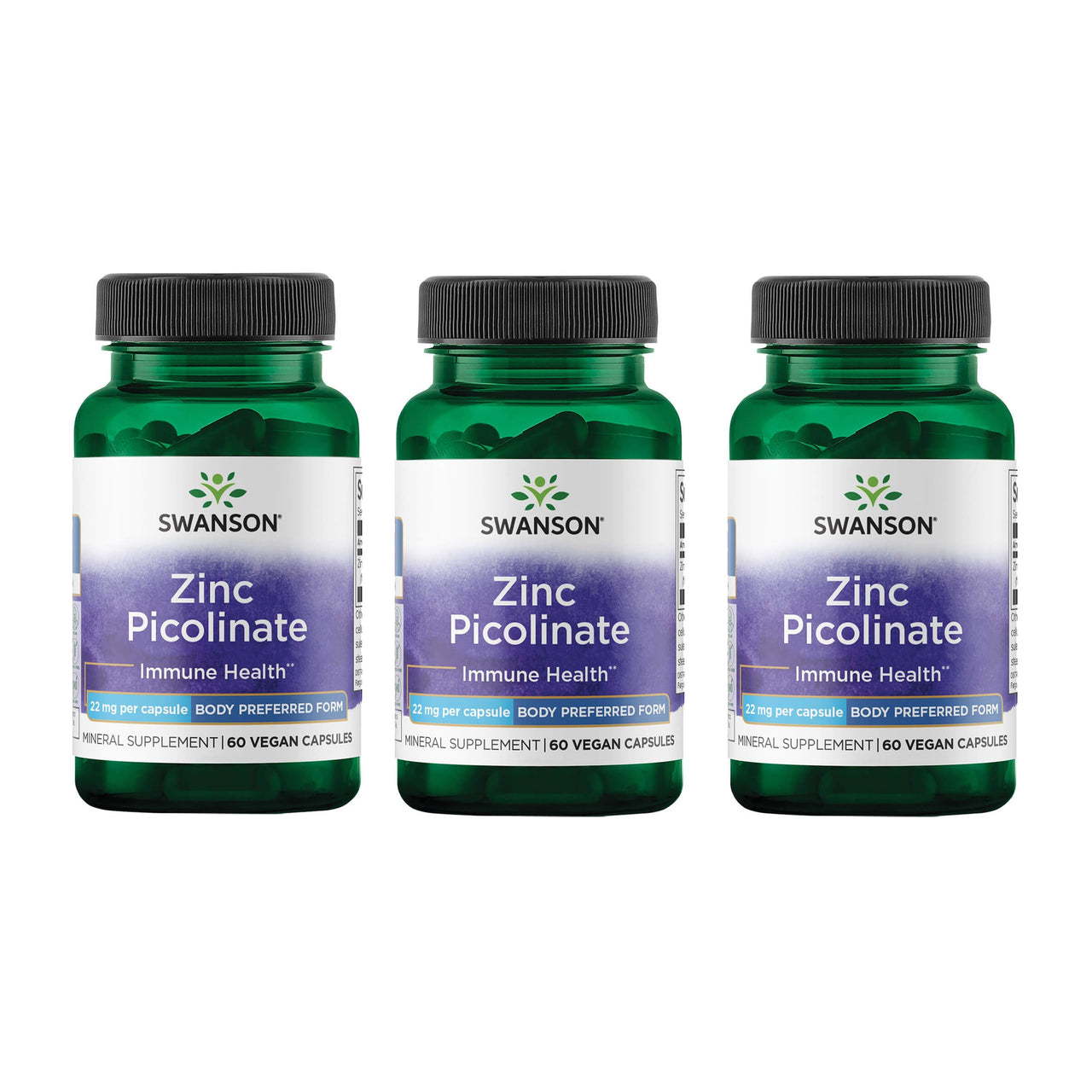 Swanson Zinc Picolinate - Mineral Supplement Promoting Prostate Health, Vision Health, & Immune Support - Body Preferred Form of Chelated Zinc - (60 Capsules, 22mg Each) (3 Pack)