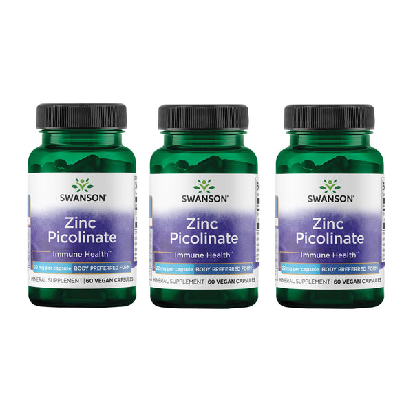 Swanson Zinc Picolinate - Mineral Supplement Promoting Prostate Health, Vision Health, & Immune Support - Body Preferred Form of Chelated Zinc - (60 Capsules, 22mg Each) (3 Pack)