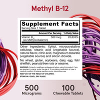 Thumbnail for Jarrow Formulas® Methyl B-12 Tablets, 500 mg, Dietary Supplement for Cellular Energy Production and Brain Health Support, 100 Cherry Flavor Chewable Tablets, 100 Day Supply