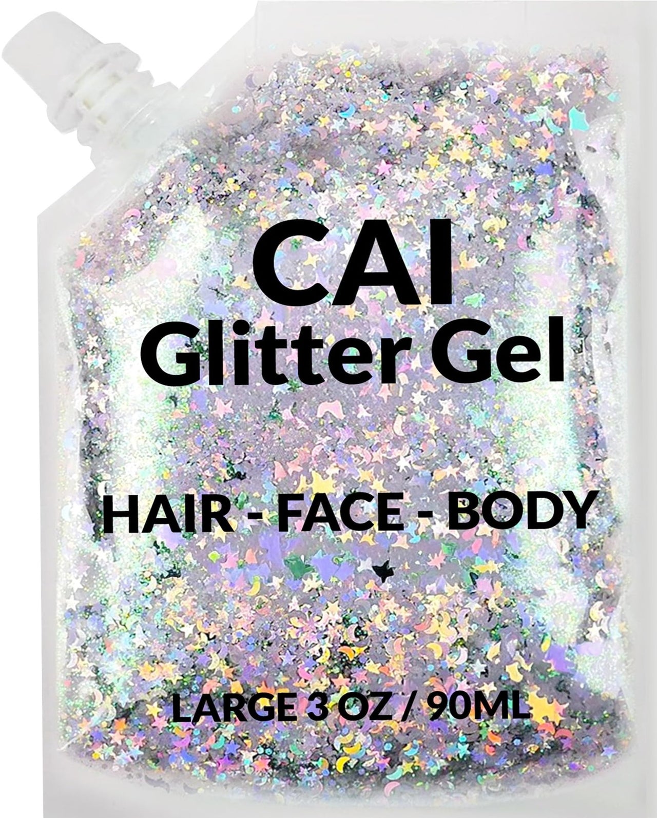 Face, Body & Hair Glitter Gel – Rave Glitter for Kids and Women – 3 Oz Cosmetic-Grade Gel w/Moon & Stars for Festivals & Halloween Party, Easy Apply & Wash Off - Silver 1Pack