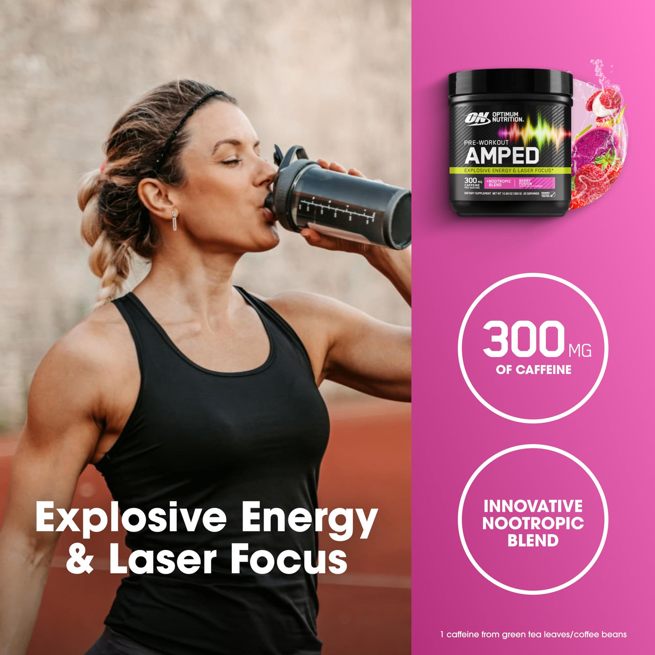 Optimum Nutrition Amped Pre-Workout, with Citrulline, Beta-Alanine, Nootropics and 300mg of Caffeine for Energy, Berry Fusion, 20 Servings (Packaging May Vary)