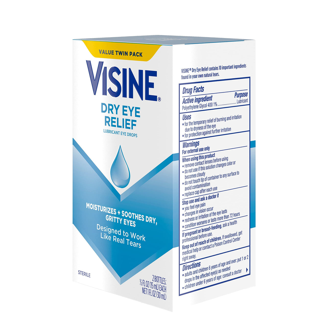 Visine Dry Eye Relief Lubricant Eye Drops to Moisturize and Soothe Irritated, Gritty and Dry Eyes, Designed to Work Like Real Tears, Polyethylene Glycol 400, 0.5 fl. oz, 2 Pack