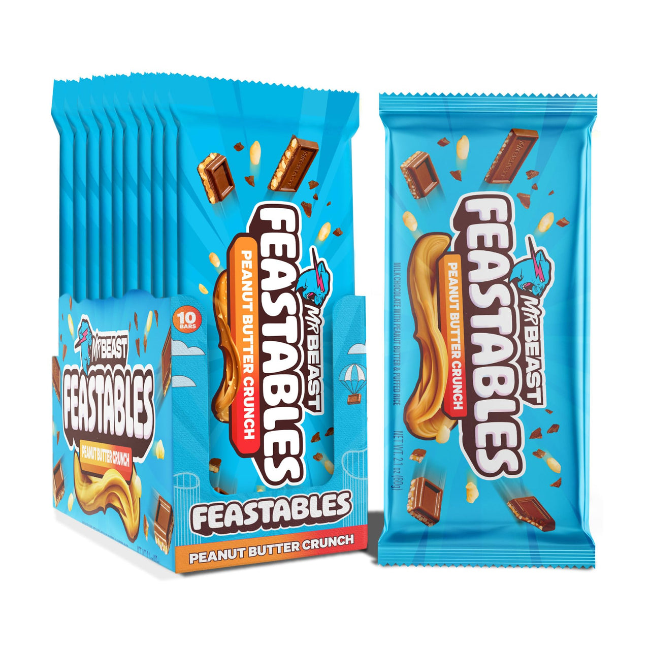 MrBeast Feastables Peanut Butter Milk Chocolate Crunch Bar, King Size, 10 Count, Peanut Butter & Crispy Rice Chocolate Candy, Fairtrade Cocoa, 2.1oz Each