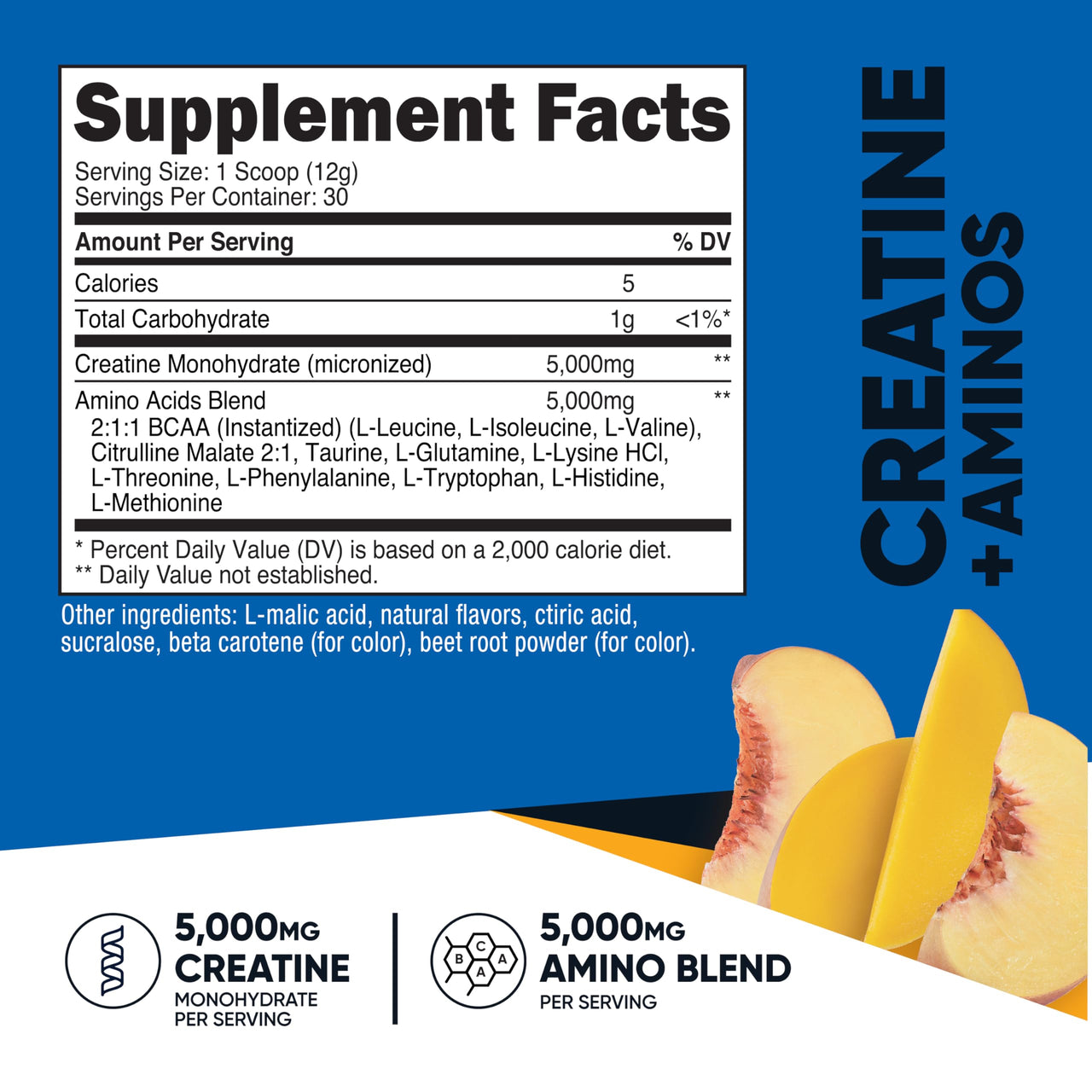 Nutricost Creatine + Aminos 30 Servings (Peach Mango Flavored) - 5,000mg Creatine Monohydrate + 5000mg Amino BCAA Blend Per Serving